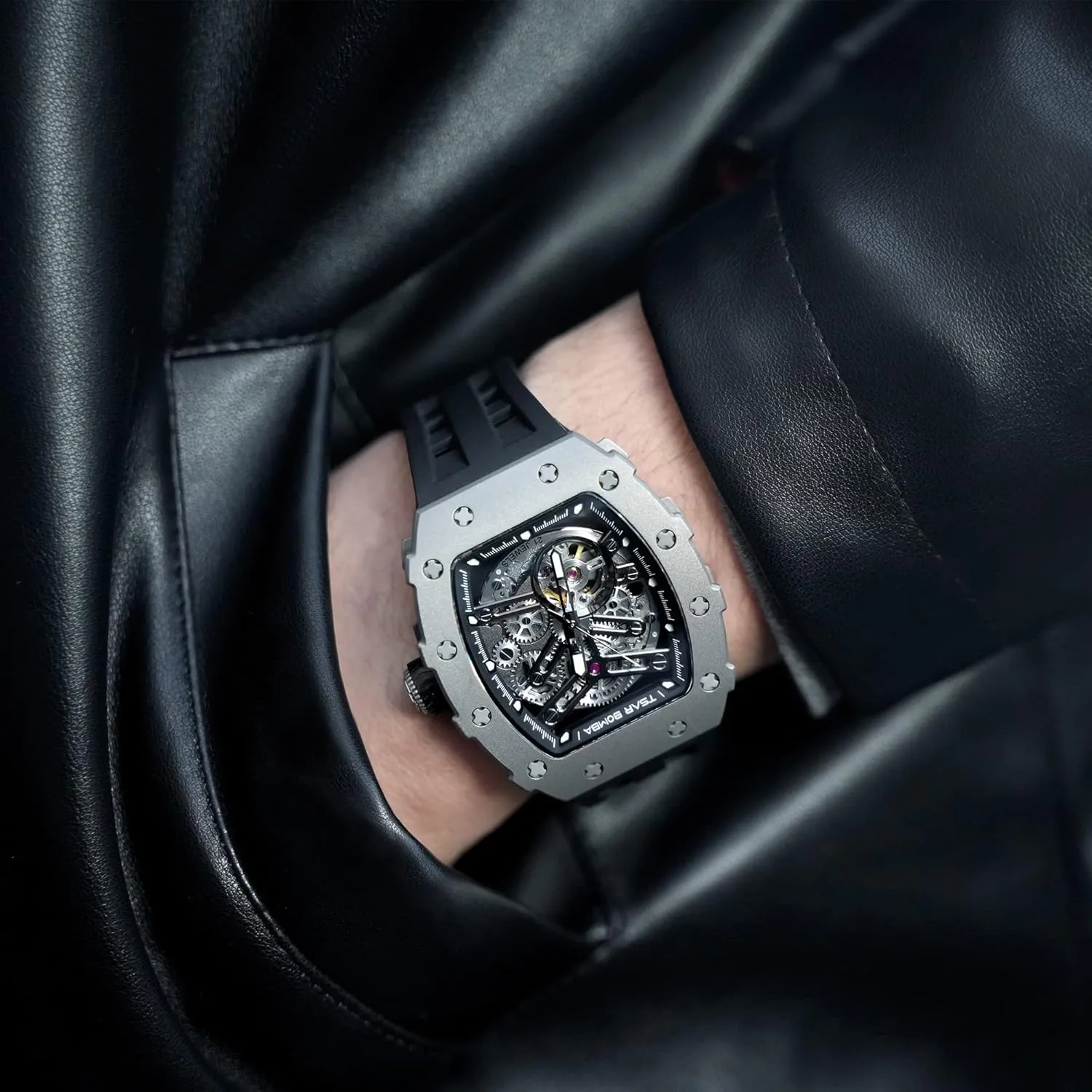 Watches Mens Unique Cool Square Big Face Dial Wristwatch with Silicone Strap Band Men's Automatic Watch Tonneau Luxury Skeleton crest satisfy Watches for Men Mechanical 50M Waterproof Analogue 