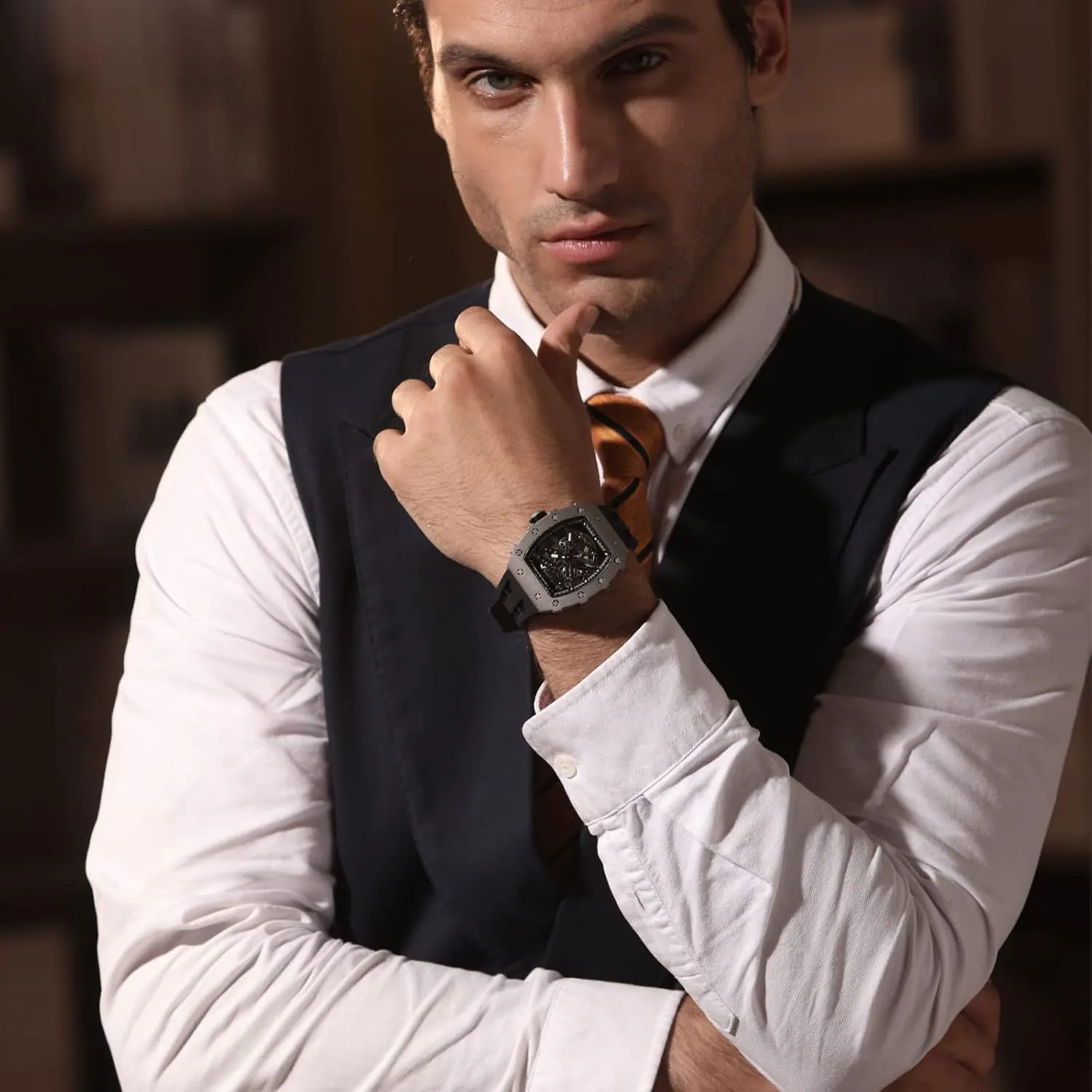 Watches Mens Unique Cool Square Big Face Dial Wristwatch with Silicone Strap Band Men's Automatic Watch Tonneau Luxury Skeleton crest satisfy Watches for Men Mechanical 50M Waterproof Analogue 
