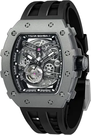 Watches Mens Unique Cool Square Big Face Dial Wristwatch with Silicone Strap Band Men's Automatic Watch Tonneau Luxury Skeleton crest satisfy Watches for Men Mechanical 50M Waterproof Analogue 