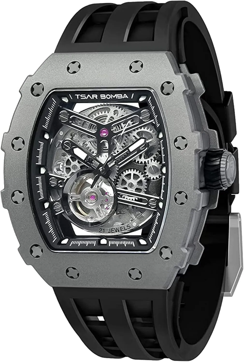 Watches Mens Unique Cool Square Big Face Dial Wristwatch with Silicone Strap Band Men's Automatic Watch Tonneau Luxury Skeleton crest satisfy Watches for Men Mechanical 50M Waterproof Analogue 