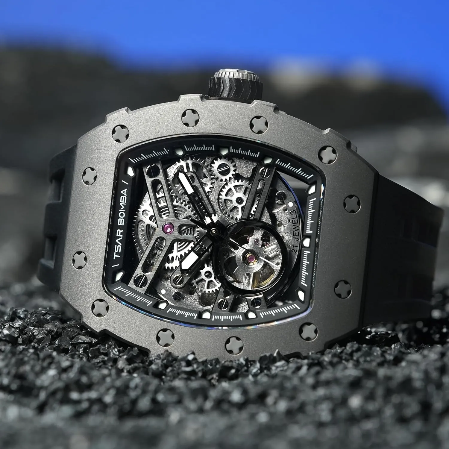 Watches Mens Unique Cool Square Big Face Dial Wristwatch with Silicone Strap Band Men's Automatic Watch Tonneau Luxury Skeleton crest satisfy Watches for Men Mechanical 50M Waterproof Analogue 