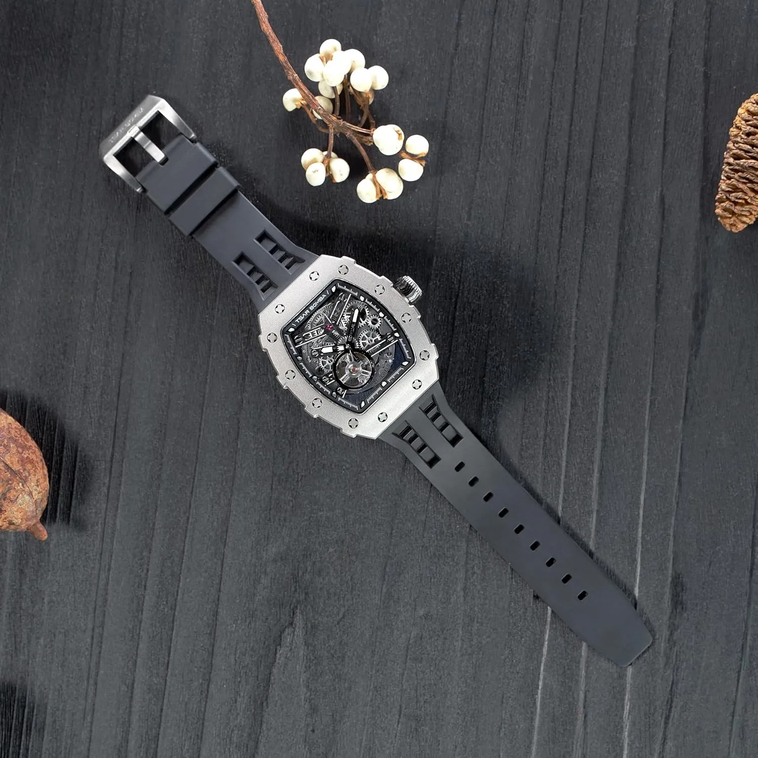 Watches Mens Unique Cool Square Big Face Dial Wristwatch with Silicone Strap Band Men's Automatic Watch Tonneau Luxury Skeleton crest satisfy Watches for Men Mechanical 50M Waterproof Analogue 