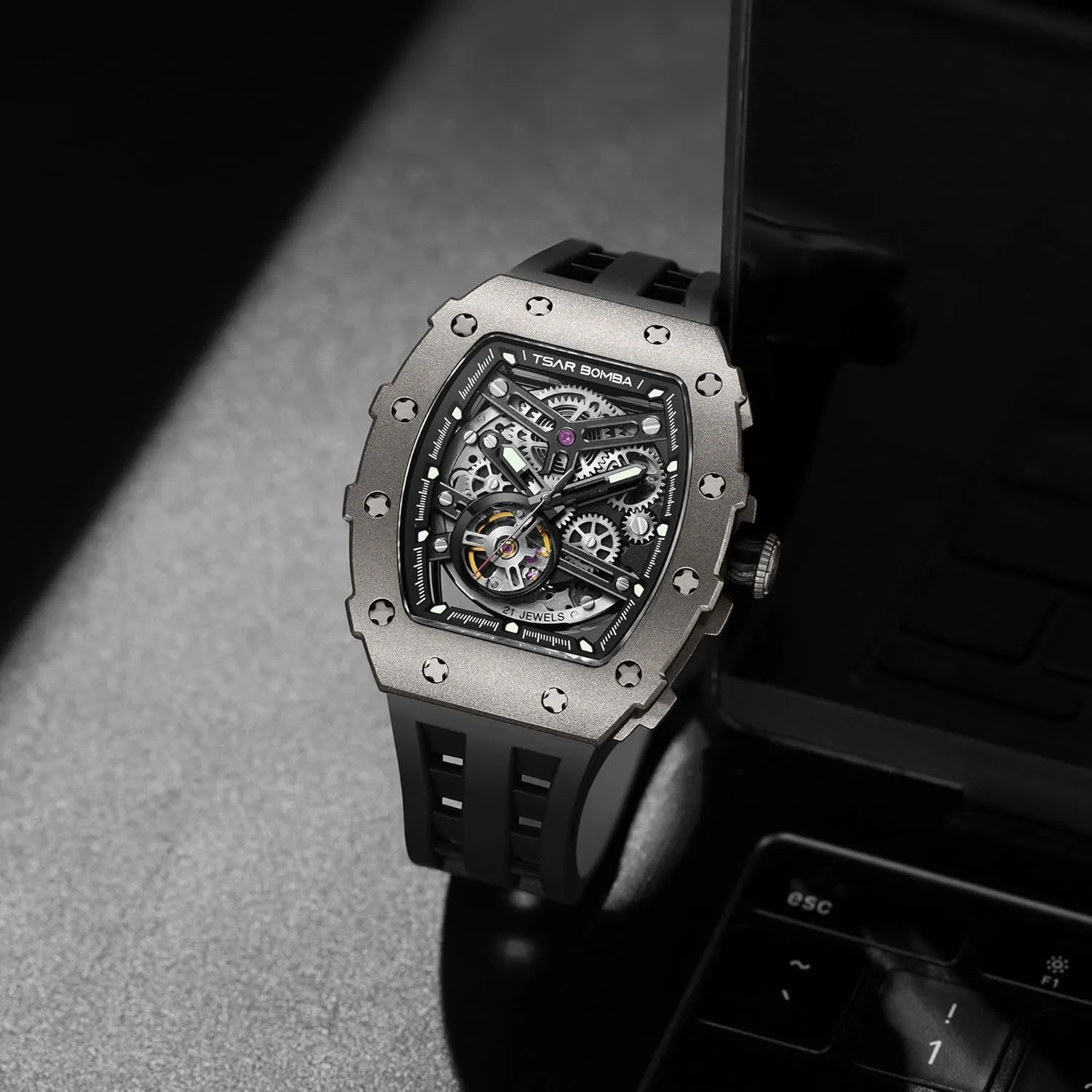 Watches Mens Unique Cool Square Big Face Dial Wristwatch with Silicone Strap Band Men's Automatic Watch Tonneau Luxury Skeleton crest satisfy Watches for Men Mechanical 50M Waterproof Analogue 