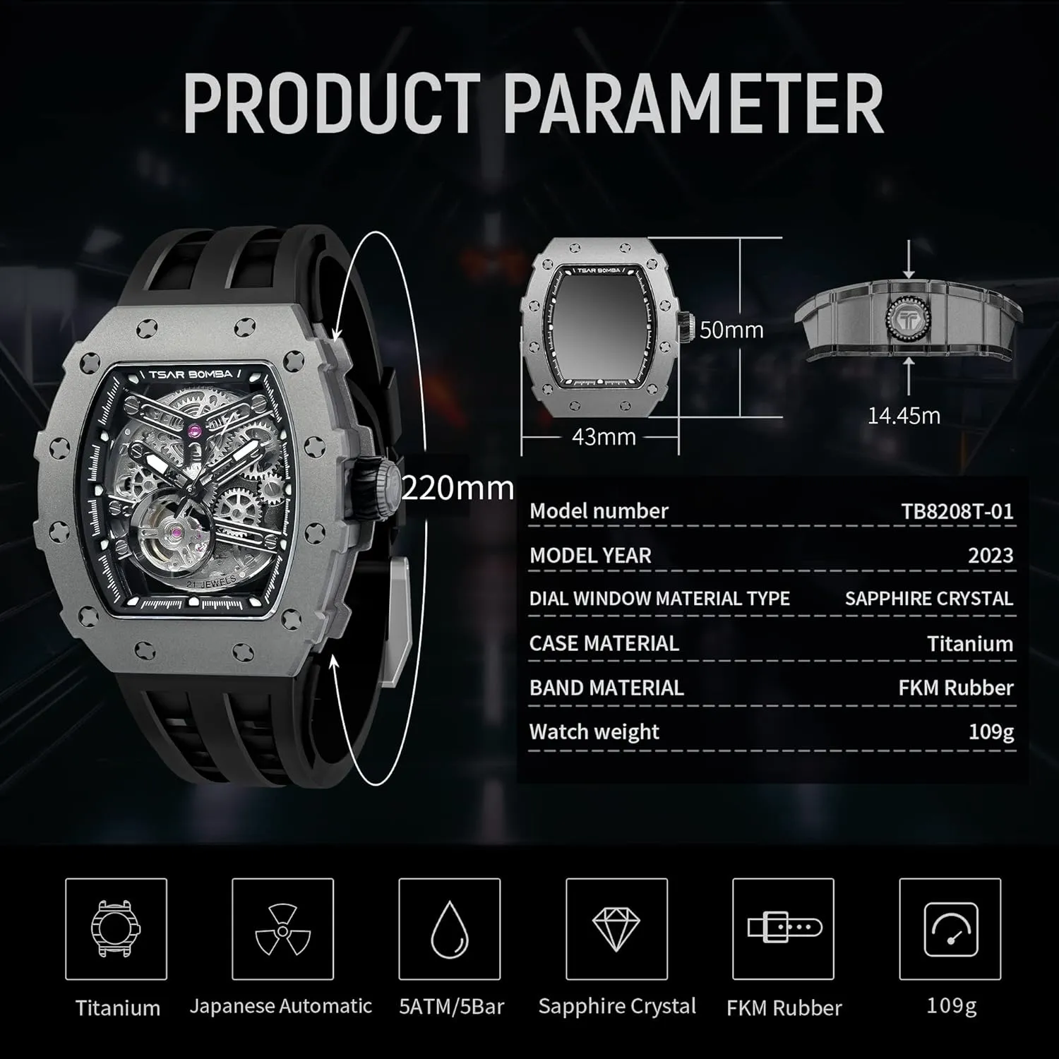 Watches Mens Unique Cool Square Big Face Dial Wristwatch with Silicone Strap Band Men's Automatic Watch Tonneau Luxury Skeleton crest satisfy Watches for Men Mechanical 50M Waterproof Analogue 