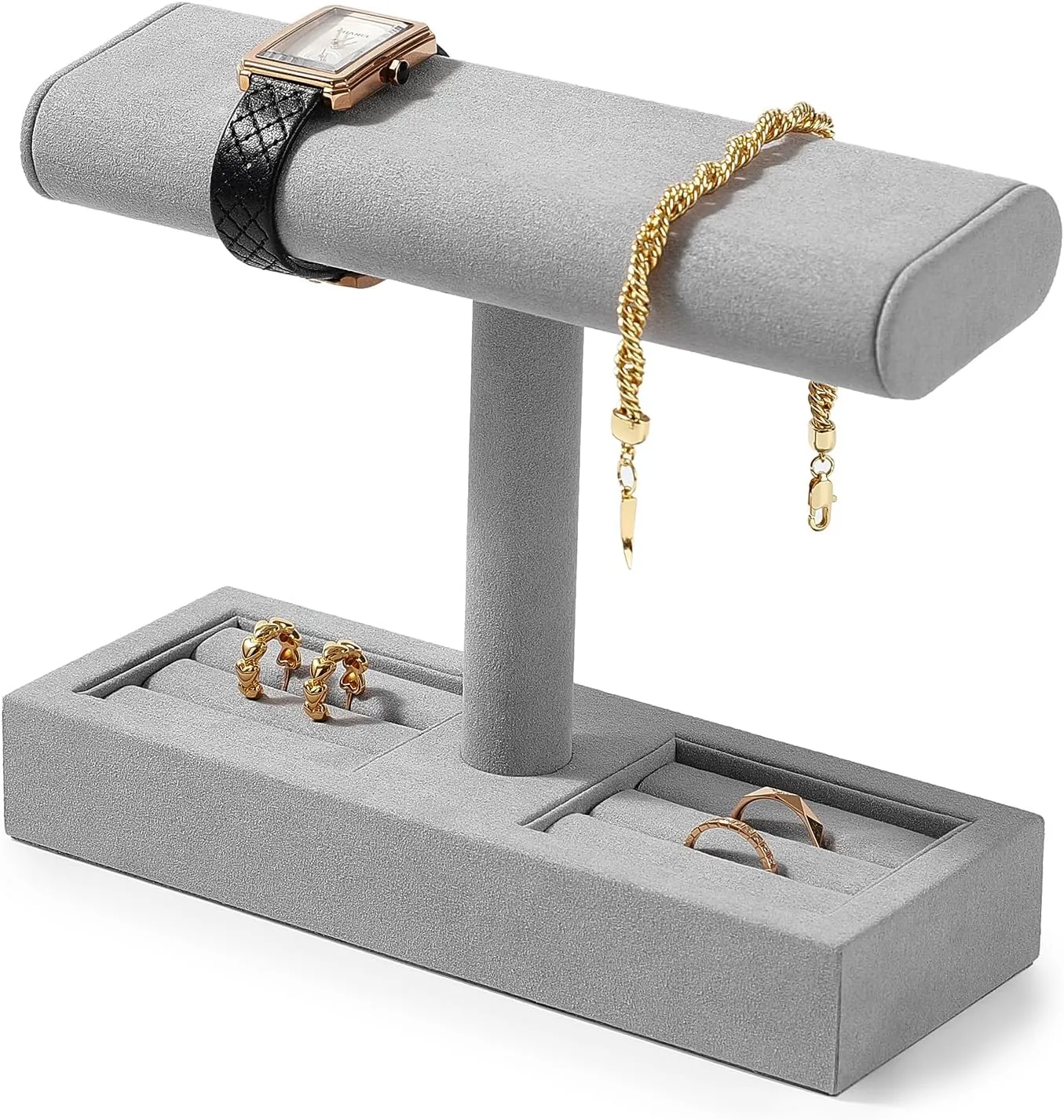 Watches, Rings & Bracelets - Multi-Functional Watch Holder for Home & Store Display (Grey, 8" L x 6" H) Microfiber Watch Display Stand - T-Bar evaporation lvory dinner cheese finish Jewelry Organizer for 