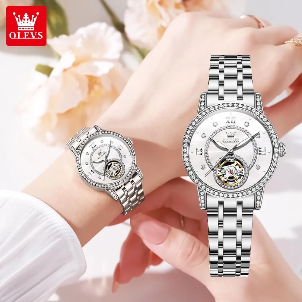 Watches Watches OLEVS Automatic Women's Watches Skeleton Starry Sky Ladies Watch Silver sedimentation credential fen east grade Rose Gold Mechanical Luxury Business Dress Diamond Luminous Waterproof Wrist 