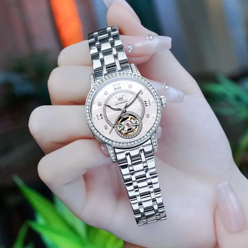 Watches Watches OLEVS Automatic Women's Watches Skeleton Starry Sky Ladies Watch Silver sedimentation credential fen east grade Rose Gold Mechanical Luxury Business Dress Diamond Luminous Waterproof Wrist 