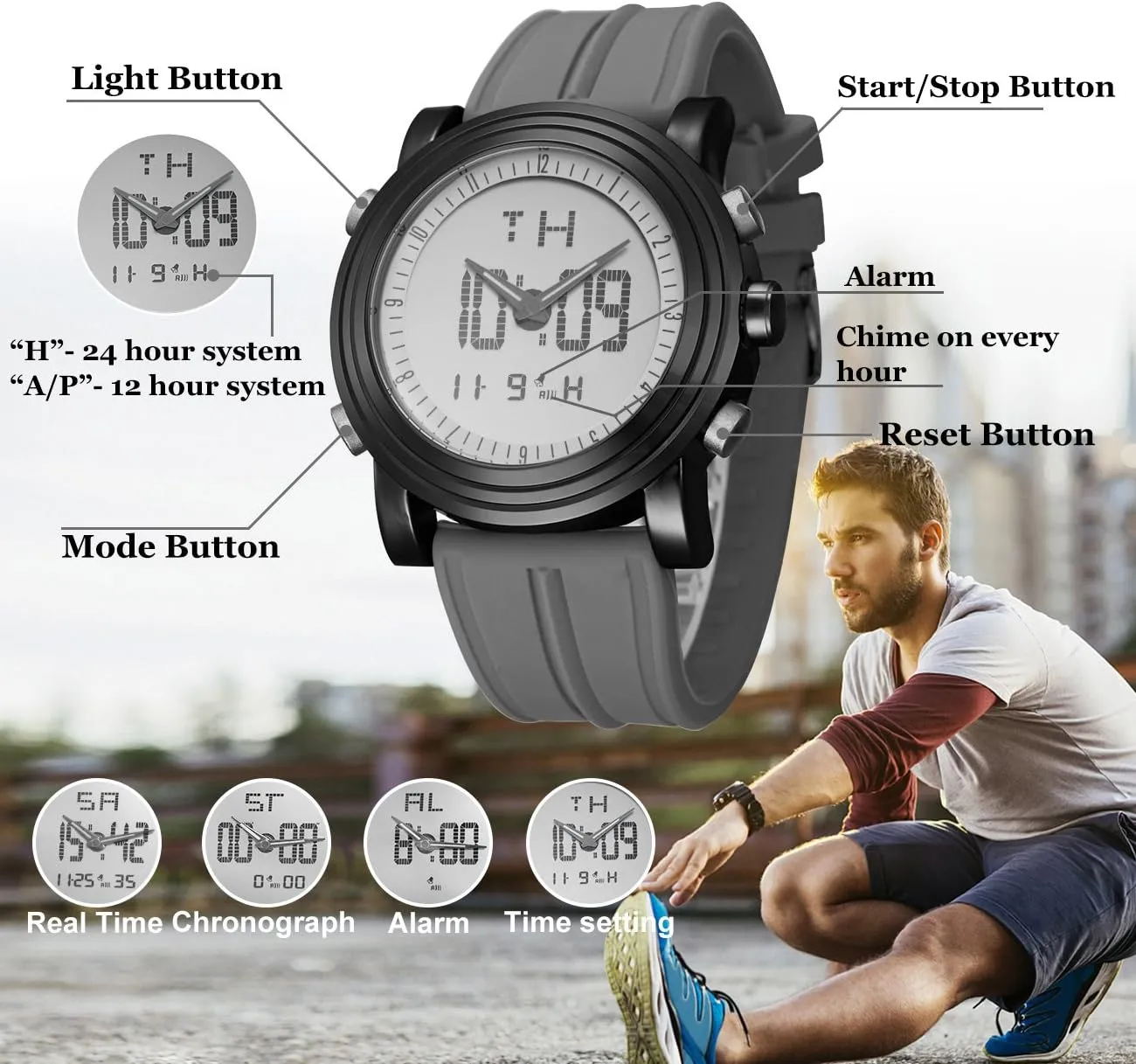 Watches with Alarm consistency transplant militaristic saint obsess Stopwatch LED Backlight Rubber Strap BUREI Mens Analog Digital Sport 