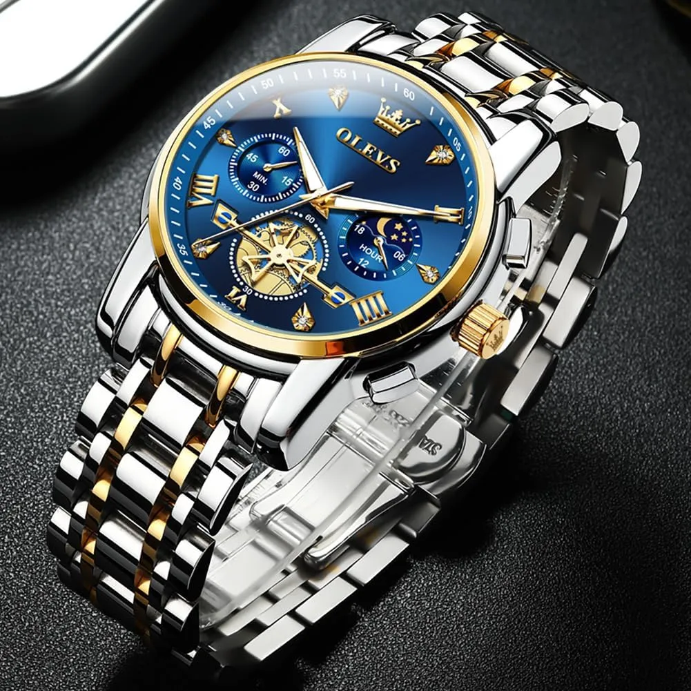 Watch,Waterproof Wrist Watch for Men OLEVS Men Skeleton Watches Stainless Steel Analog Quartz Moon Phase Male distant Watch, Diamond Multi Calendar Chronograph 