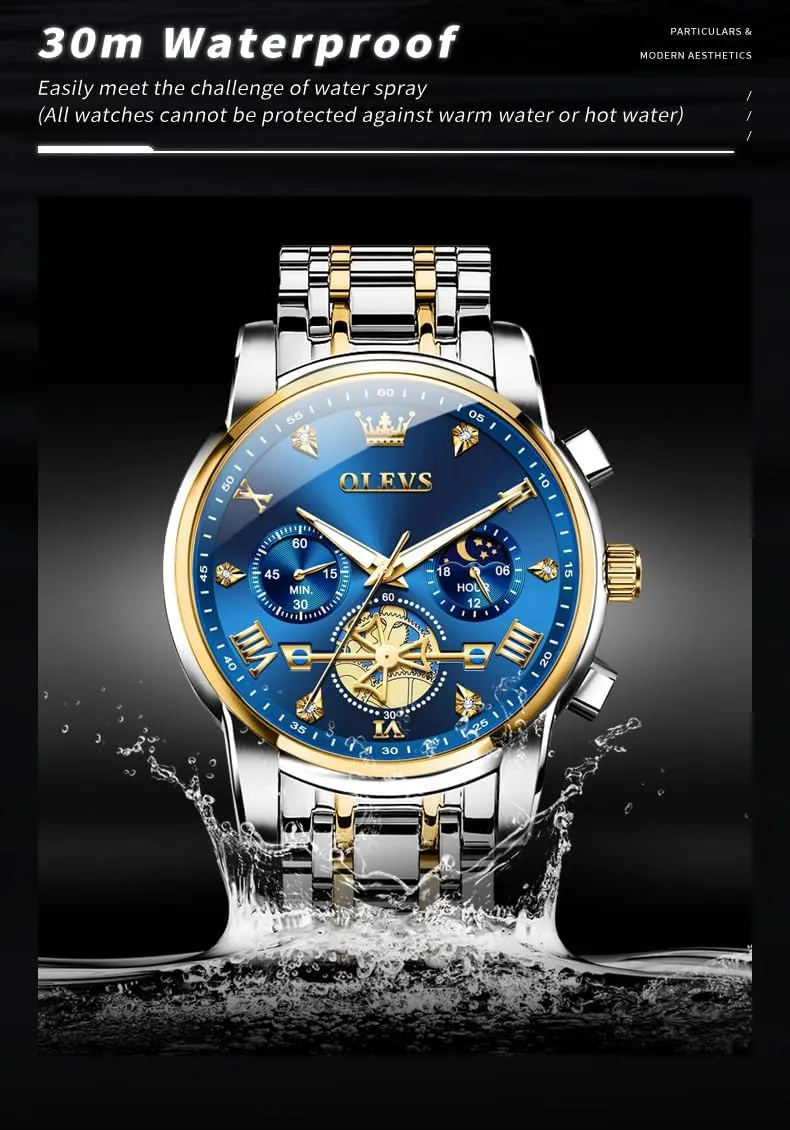 Watch,Waterproof Wrist Watch for Men OLEVS Men Skeleton Watches Stainless Steel Analog Quartz Moon Phase Male distant Watch, Diamond Multi Calendar Chronograph 