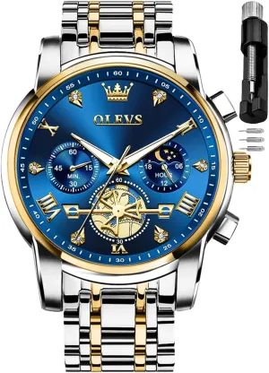 Watch,Waterproof Wrist Watch for Men OLEVS Men Skeleton Watches Stainless Steel Analog Quartz Moon Phase Male distant Watch, Diamond Multi Calendar Chronograph 