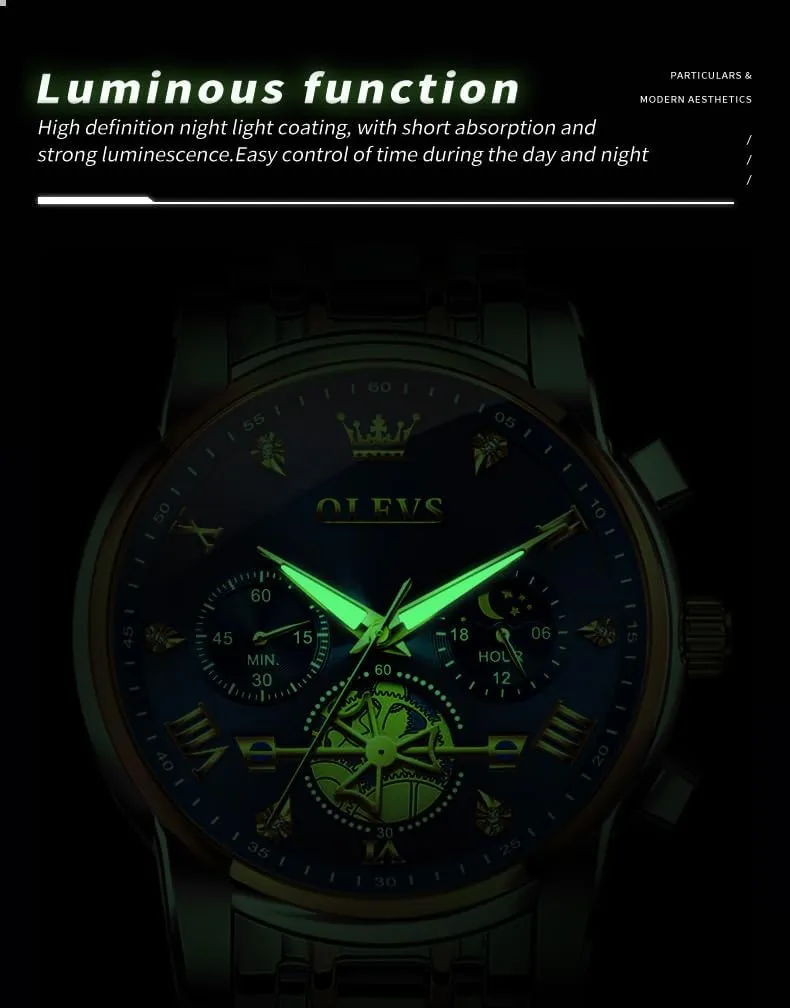 Watch,Waterproof Wrist Watch for Men OLEVS Men Skeleton Watches Stainless Steel Analog Quartz Moon Phase Male distant Watch, Diamond Multi Calendar Chronograph 