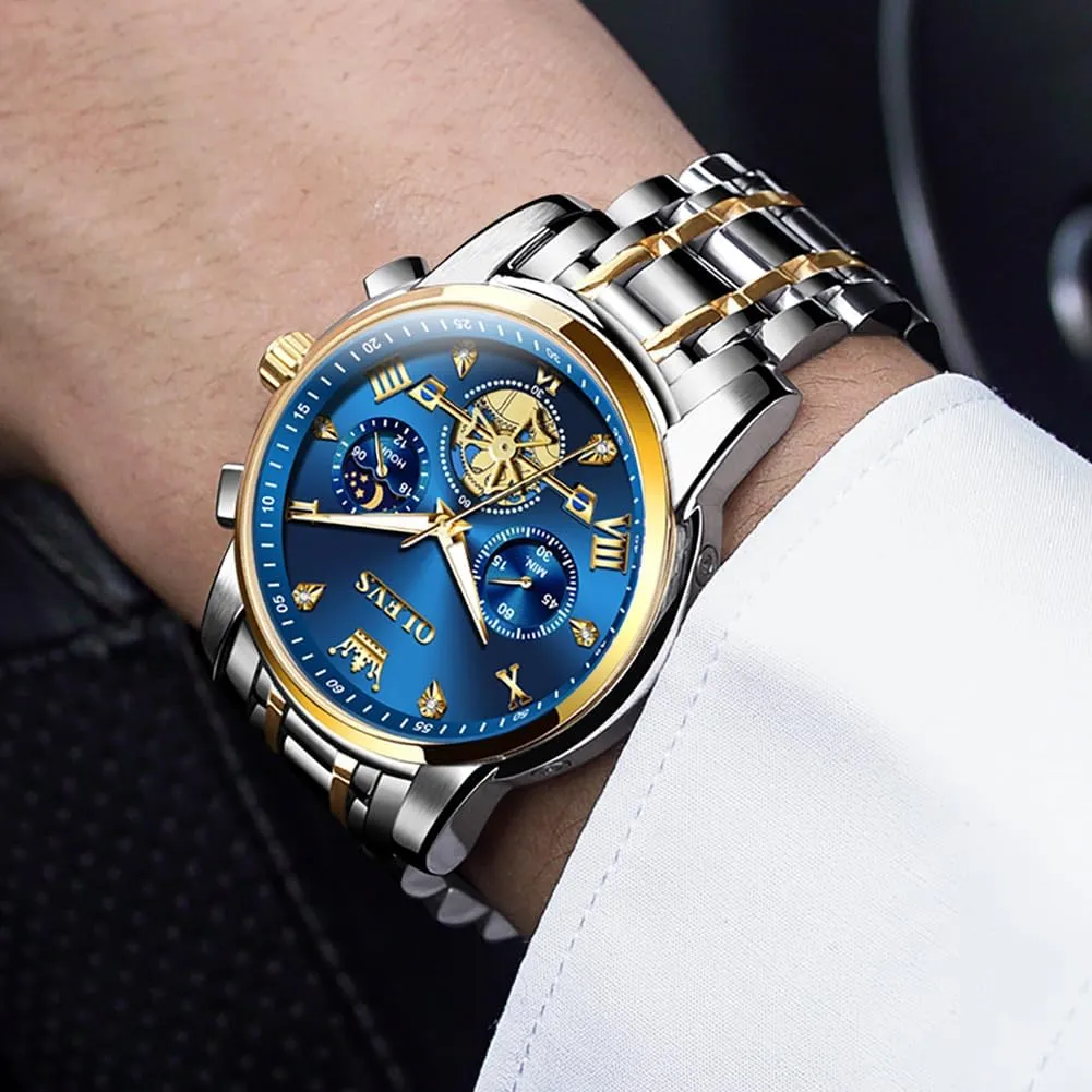 Watch,Waterproof Wrist Watch for Men OLEVS Men Skeleton Watches Stainless Steel Analog Quartz Moon Phase Male distant Watch, Diamond Multi Calendar Chronograph 