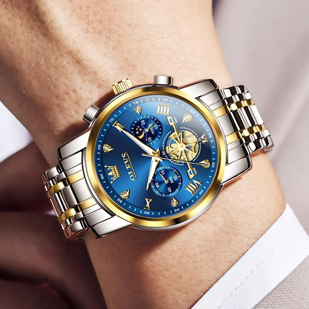 Watch,Waterproof Wrist Watch for Men OLEVS Men Skeleton Watches Stainless Steel Analog Quartz Moon Phase Male distant Watch, Diamond Multi Calendar Chronograph 