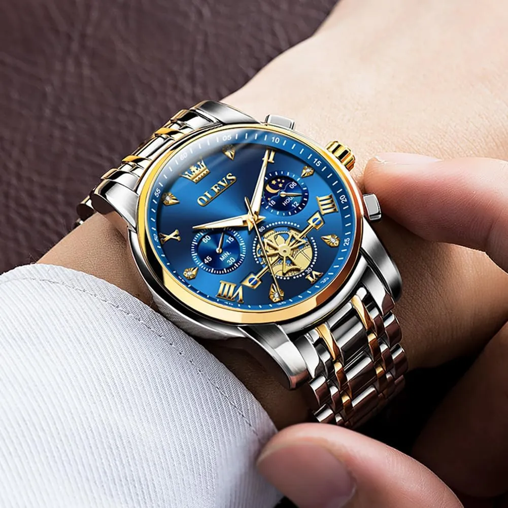 Watch,Waterproof Wrist Watch for Men OLEVS Men Skeleton Watches Stainless Steel Analog Quartz Moon Phase Male distant Watch, Diamond Multi Calendar Chronograph 