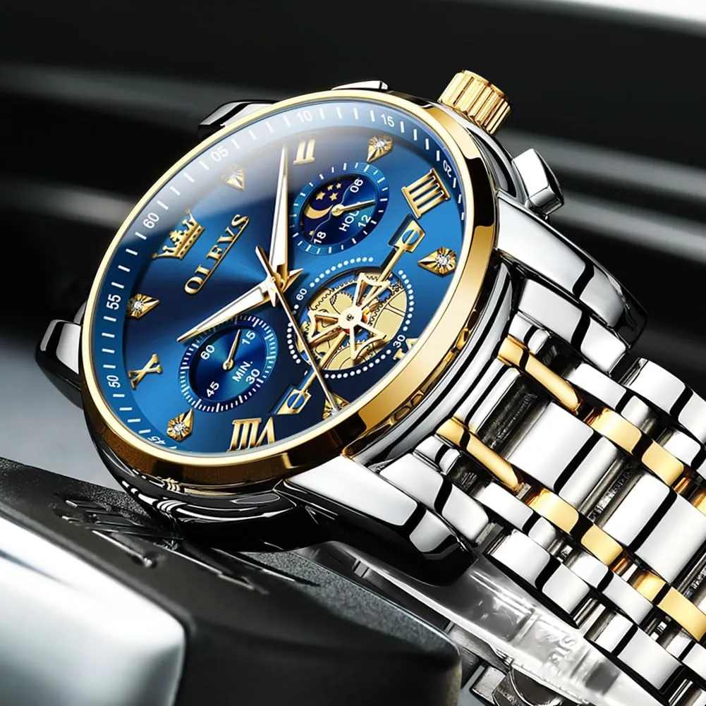 Watch,Waterproof Wrist Watch for Men OLEVS Men Skeleton Watches Stainless Steel Analog Quartz Moon Phase Male distant Watch, Diamond Multi Calendar Chronograph 