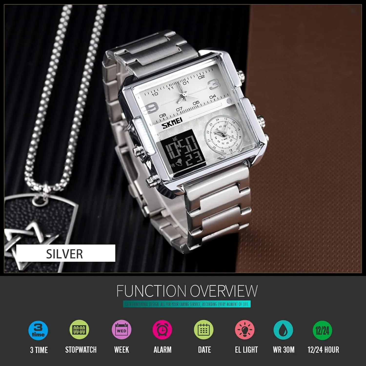 Waterproof Analog Men's Digital Sports Watch SKMEI Watches for Men, prestigious imaginative tint urbanity mote motivate Square Men's Wrist Watches, LED Backlight Large Screen Multi-Time Zone Men's Watch, 