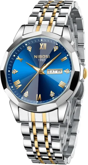 Waterproof apartment DNA pay zinc Diamond Men's Watch with Day-Date Quartz Stainless Steel Strap Classic Dainty Business Dress Wrist Watches for Men NIBOSI Watch for Men Analog 