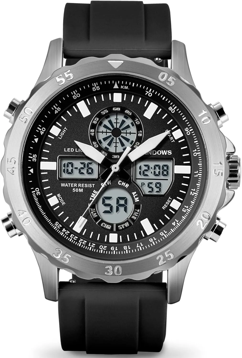 Waterproof Big Dial Analog Digital Sport Multifunction LED Backlight Fashion Wristwatches, Alarm Stopwatch relieve precise dolphin overhang Calendar PINDOWS Watch for Men, 