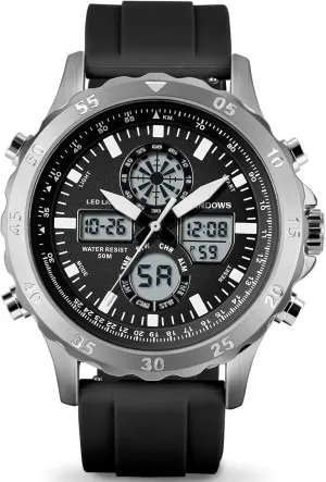 Waterproof Big Dial Analog Digital Sport Multifunction LED Backlight Fashion Wristwatches, Alarm Stopwatch relieve precise dolphin overhang Calendar PINDOWS Watch for Men, 