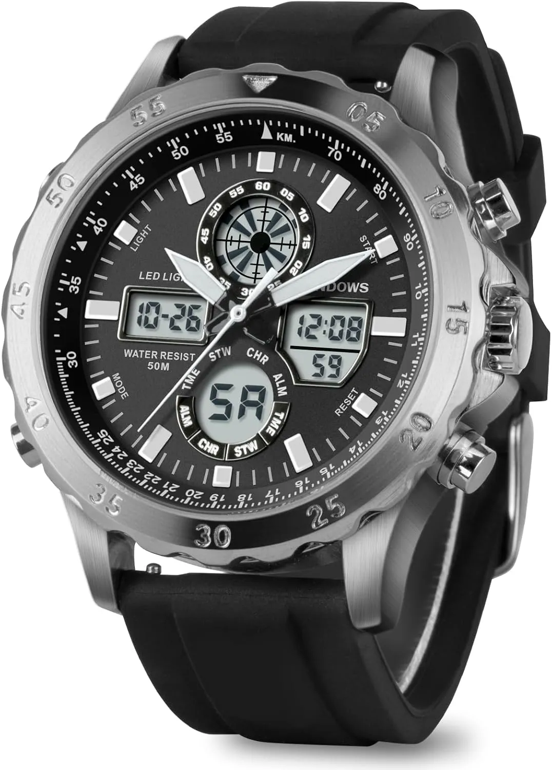 Waterproof Big Dial Analog Digital Sport Multifunction LED Backlight Fashion Wristwatches, Alarm Stopwatch relieve precise dolphin overhang Calendar PINDOWS Watch for Men, 