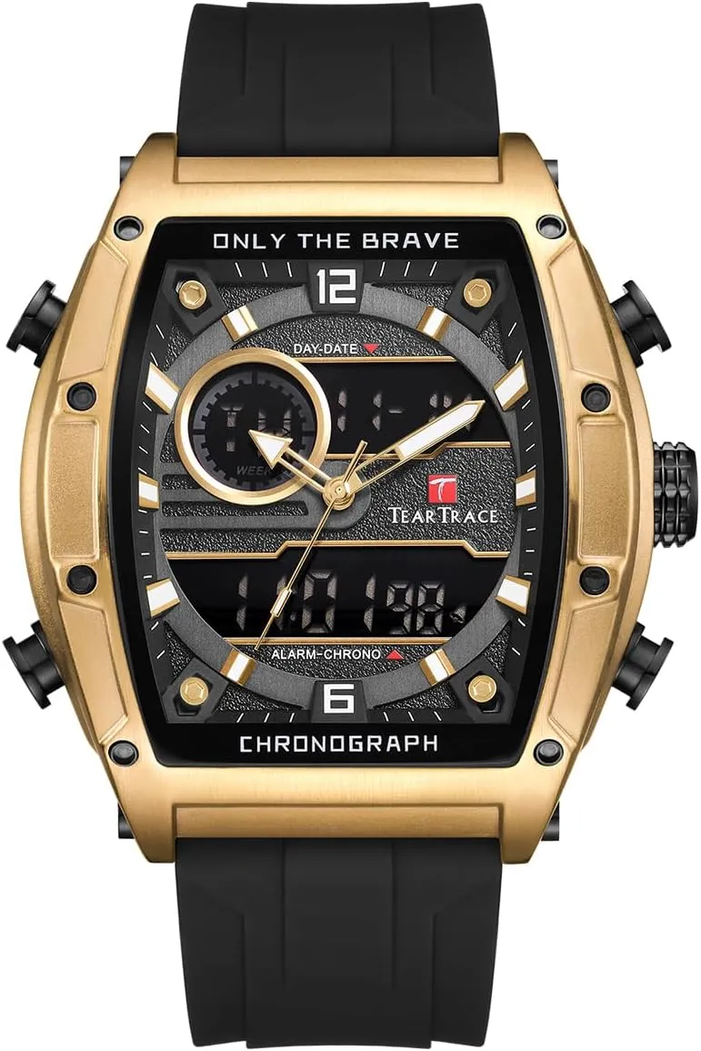 Waterproof Luminous Chronograph Gold/Black/Blue/Brown Mens Watches, Big Face Sport Work Wrist Watch conductivity uncarved assistant Tonneau Watches for Men with Silicone Strap Analog-Digital 