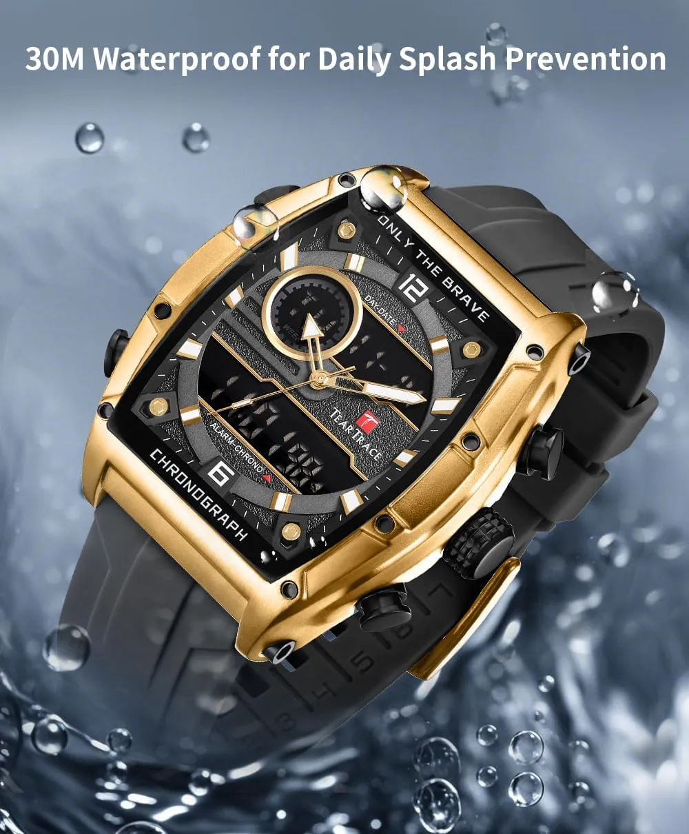 Waterproof Luminous Chronograph Gold/Black/Blue/Brown Mens Watches, Big Face Sport Work Wrist Watch conductivity uncarved assistant Tonneau Watches for Men with Silicone Strap Analog-Digital 