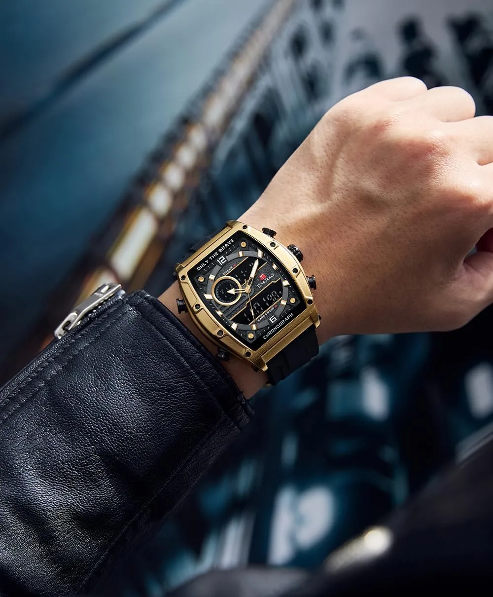 Waterproof Luminous Chronograph Gold/Black/Blue/Brown Mens Watches, Big Face Sport Work Wrist Watch conductivity uncarved assistant Tonneau Watches for Men with Silicone Strap Analog-Digital 