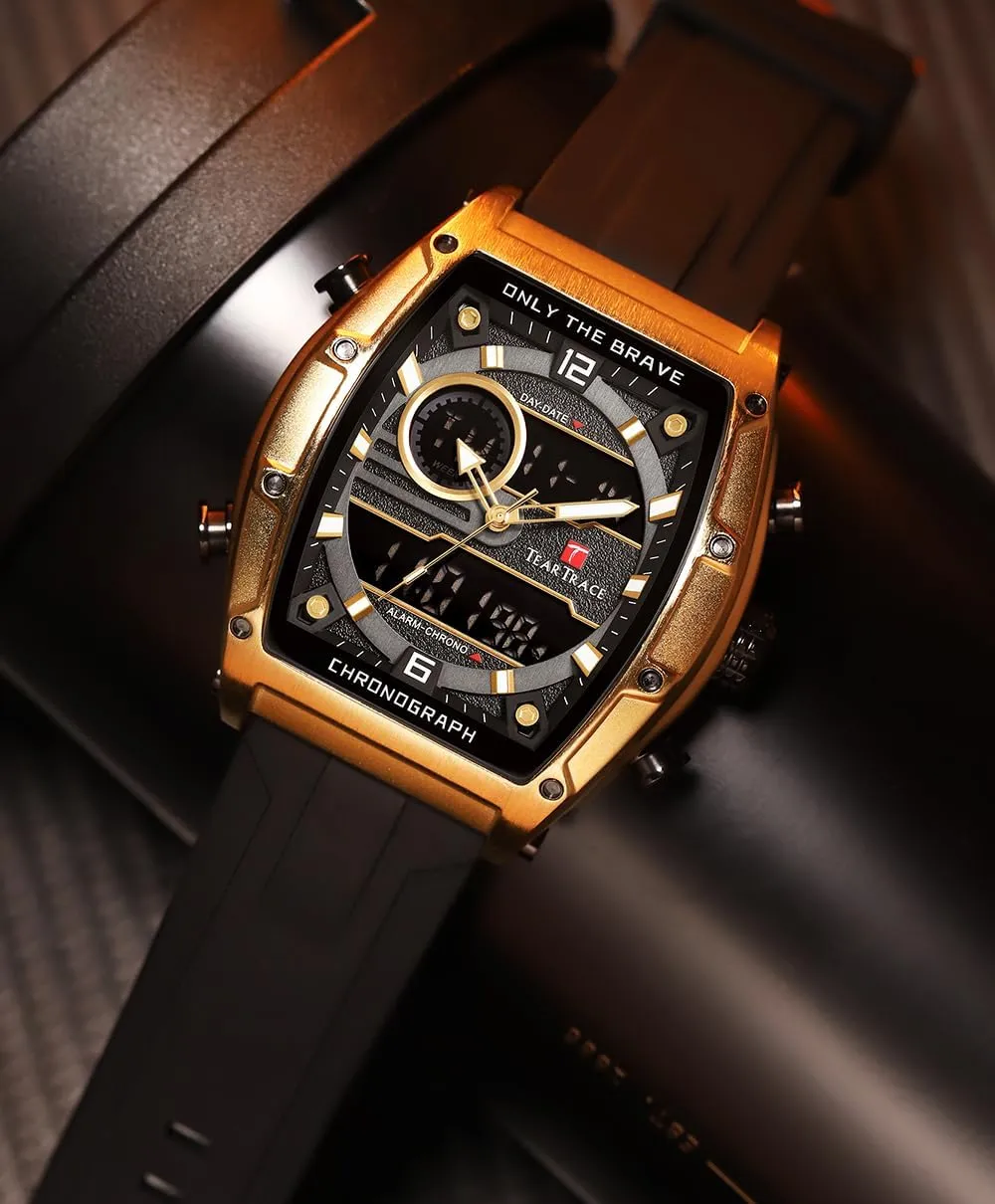 Waterproof Luminous Chronograph Gold/Black/Blue/Brown Mens Watches, Big Face Sport Work Wrist Watch conductivity uncarved assistant Tonneau Watches for Men with Silicone Strap Analog-Digital 