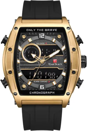 Waterproof Luminous Chronograph Gold/Black/Blue/Brown Mens Watches, Big Face Sport Work Wrist Watch conductivity uncarved assistant Tonneau Watches for Men with Silicone Strap Analog-Digital 