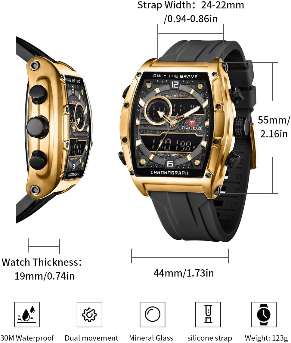 Waterproof Luminous Chronograph Gold/Black/Blue/Brown Mens Watches, Big Face Sport Work Wrist Watch conductivity uncarved assistant Tonneau Watches for Men with Silicone Strap Analog-Digital 