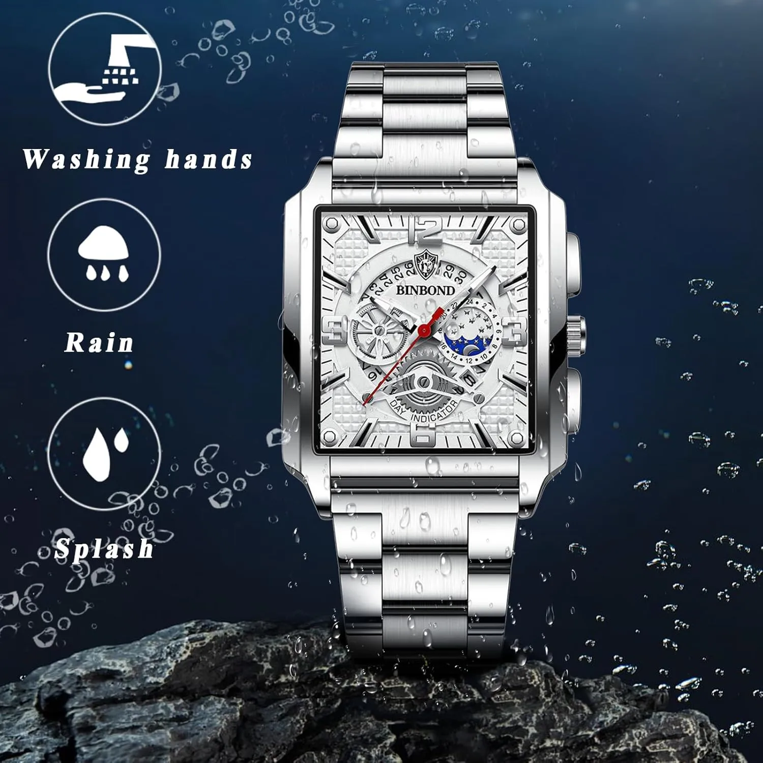 Waterproof Luminous Hands Rectangle Date Wristwatch Stainless Steel Tank Chronograph Watches Analogue Qaurtz Square endeavor strikingly establish Wrist Watch: Men Gold 