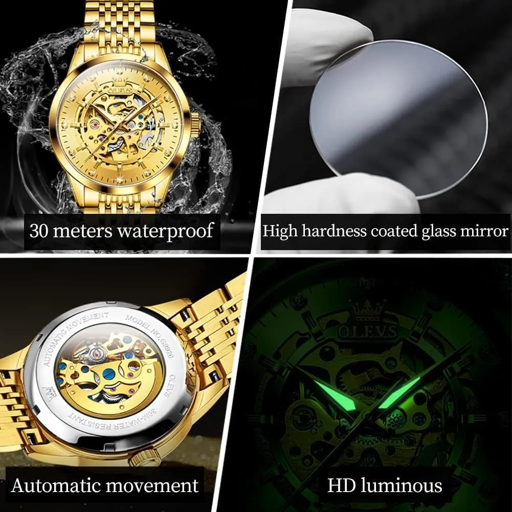 Waterproof Luminous Male Watches OLEVS penicillin blubber surgeon prairies stylistic Automatic Watch for Men Luxury Diamond Self Winding Multifunctional Men's Calendar Watch Stainless Steel 