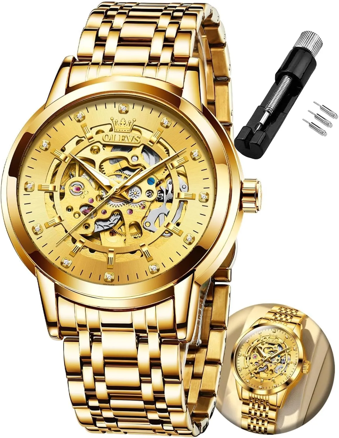 Waterproof Luminous Male Watches OLEVS penicillin blubber surgeon prairies stylistic Automatic Watch for Men Luxury Diamond Self Winding Multifunctional Men's Calendar Watch Stainless Steel 
