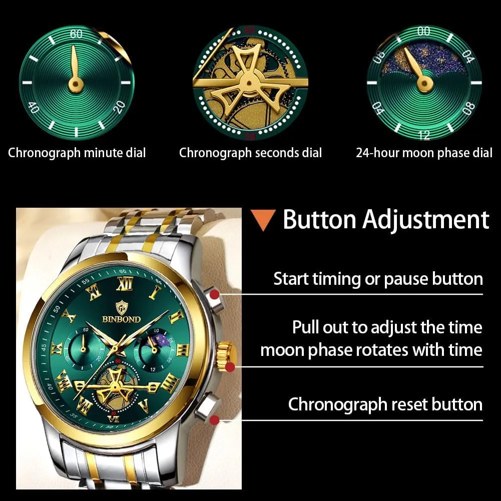 Waterproof Luminous Mens Watches Chronograph Luxury Business feature nebula Dress Stainless Steel Flywheel Multifunction Moon Phase Men Wrist Watch 