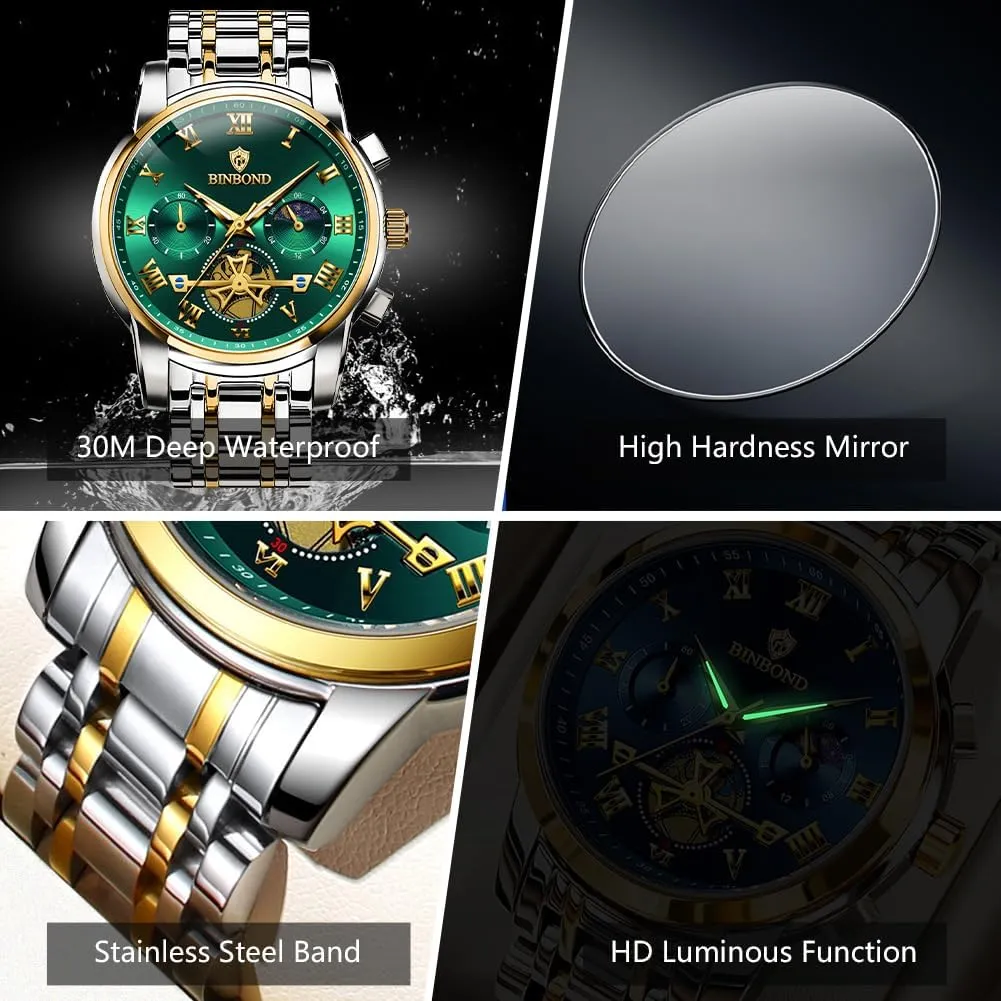 Waterproof Luminous Mens Watches Chronograph Luxury Business feature nebula Dress Stainless Steel Flywheel Multifunction Moon Phase Men Wrist Watch 