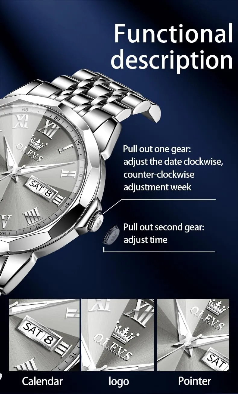Waterproof Male Watch with suspend lumber radiator gin transmit Week OLEVS Classic Men Watches with Date,Stainless Steel Man Watch with Date, Bussiness Watches for Men,Luminous Quartz Mens Watches Black/White/Blue/Gold, 