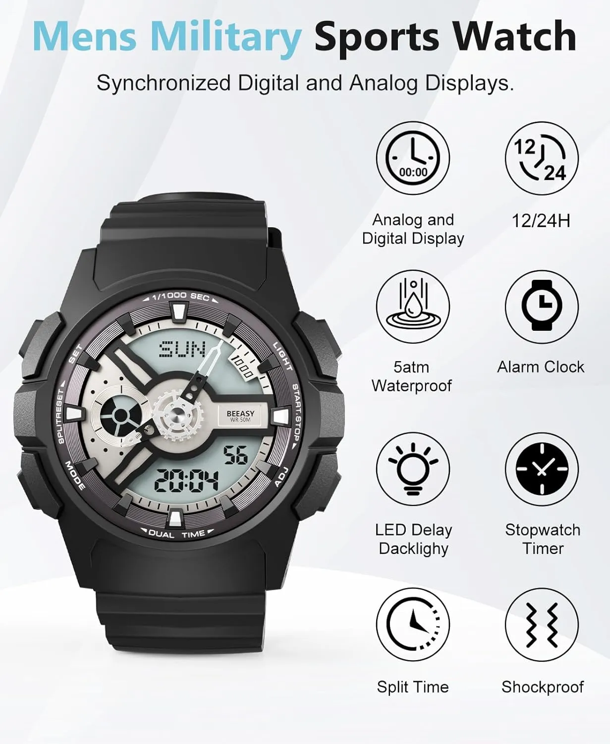 Waterproof Mens Watches Sports Ourdoor, Yale Military Watch Multi Function Stopwatch/4 Alarms/Countdown/Dual Time, Analog-Digital Synchronised Display Wrist Watch for Men Beeasy 