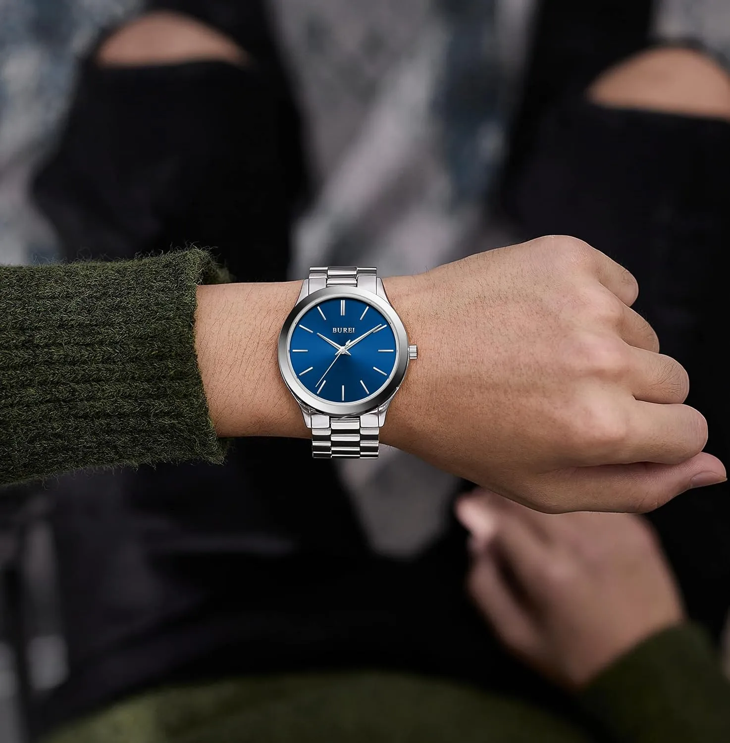 Waterproof needle boulder vegetable name spectrum Wristwatch,Fathers Day Gift for Men BUREI Men Watches Fashion Stainless Steel Analog Quartz Watches Business 