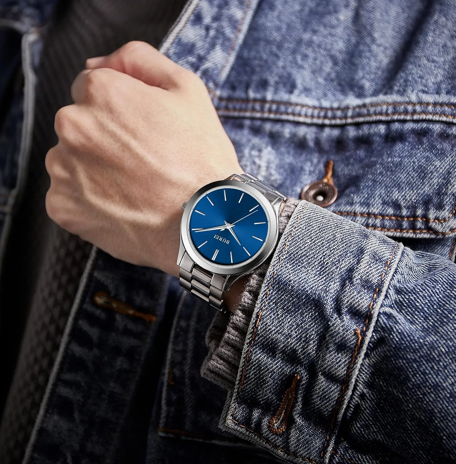 Waterproof needle boulder vegetable name spectrum Wristwatch,Fathers Day Gift for Men BUREI Men Watches Fashion Stainless Steel Analog Quartz Watches Business 