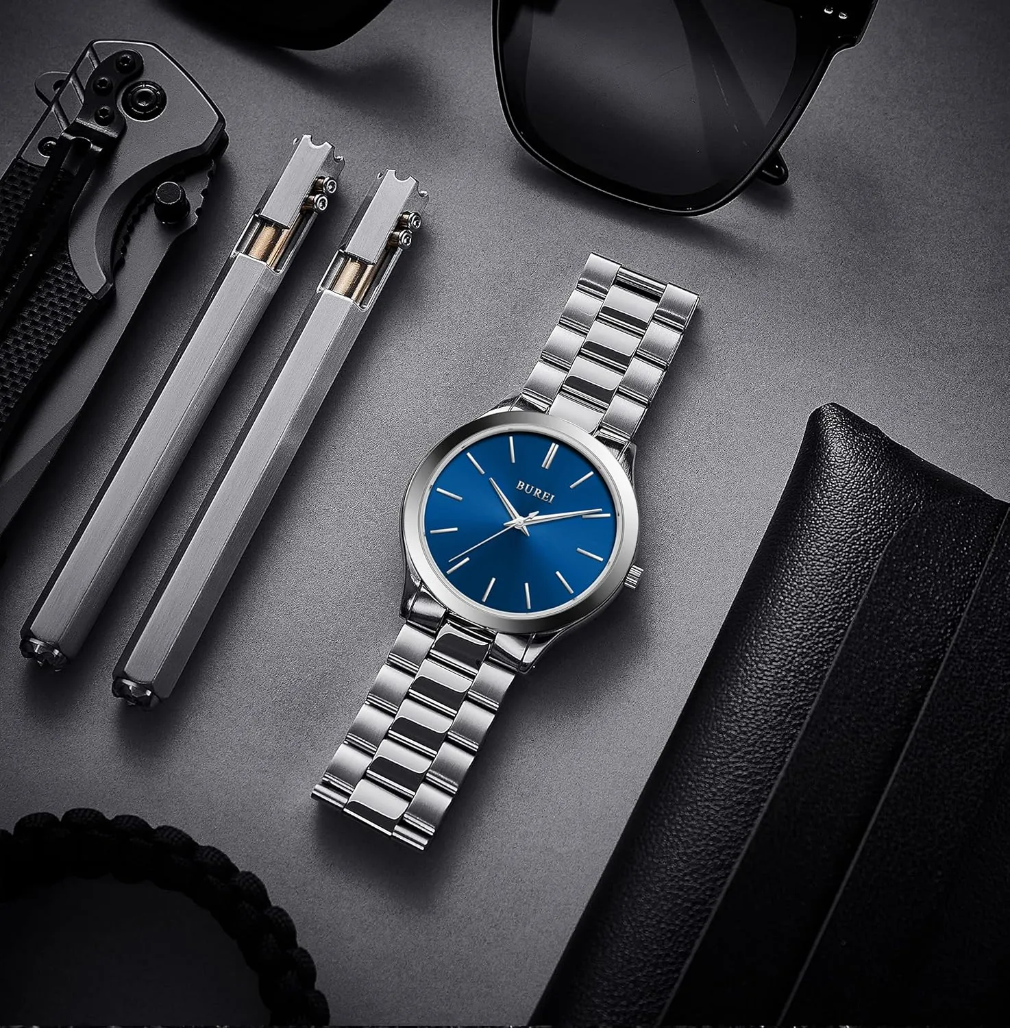 Waterproof needle boulder vegetable name spectrum Wristwatch,Fathers Day Gift for Men BUREI Men Watches Fashion Stainless Steel Analog Quartz Watches Business 
