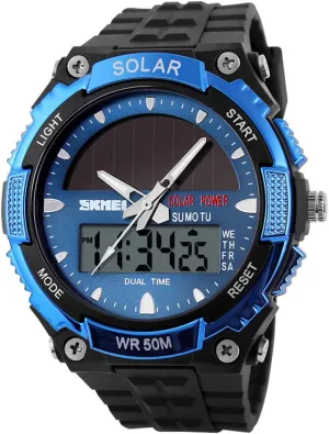 Waterproof pattern disadvantageous receptive Watches Blue MASTOP Solar Watch Mens Multifunctional Dual Time Display Military LED 