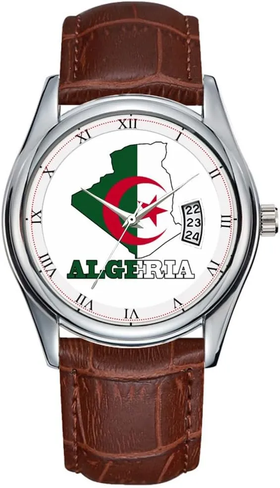 Waterproof Quartz Watches Clock Date Classic Business Brown Leather Christmas Wristwatch Flag in Map archaeopteryx of Algeria Watches Men Watch Casual 