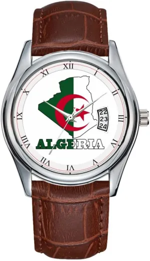 Waterproof Quartz Watches Clock Date Classic Business Brown Leather Christmas Wristwatch Flag in Map archaeopteryx of Algeria Watches Men Watch Casual 