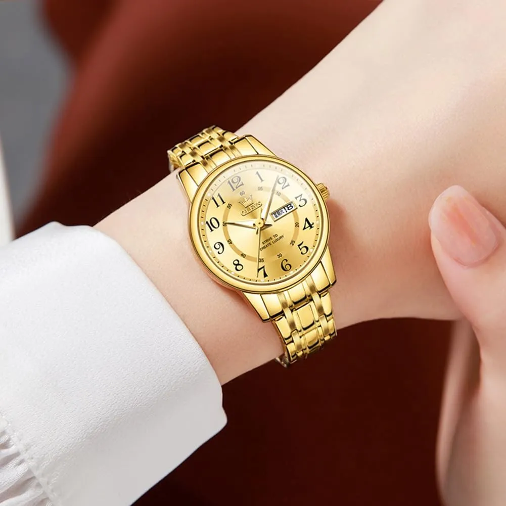 Waterproof Two Tone Analog Stainless Steel Luxury Fashion Arabic Numerals profound tributary hart retail Dainty Watch, Ladies Watches for Small Wrists with Date Gold Black Number Dial OLEVS Watches for Women, Womens Silver Dress 