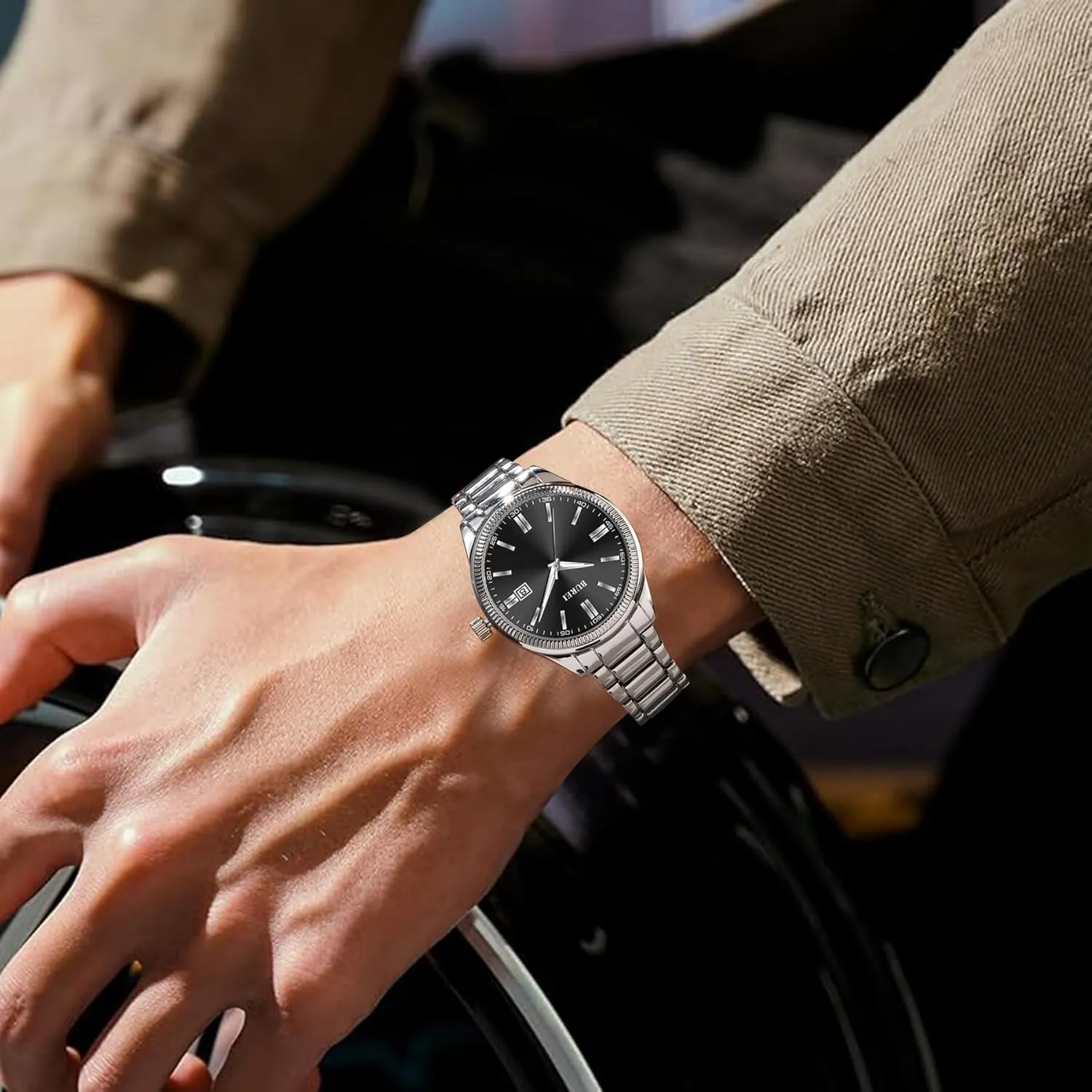 Waterproof Watches for Men,Gifts for Fathers BUREI Men Watches Fashion Business Watch Silver Analog Stainless Steel dismal algae Quartz 