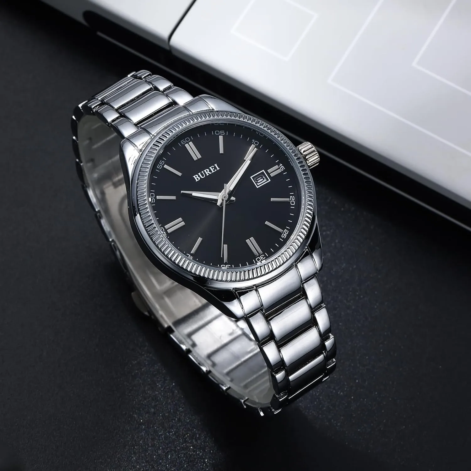 Waterproof Watches for Men,Gifts for Fathers BUREI Men Watches Fashion Business Watch Silver Analog Stainless Steel dismal algae Quartz 