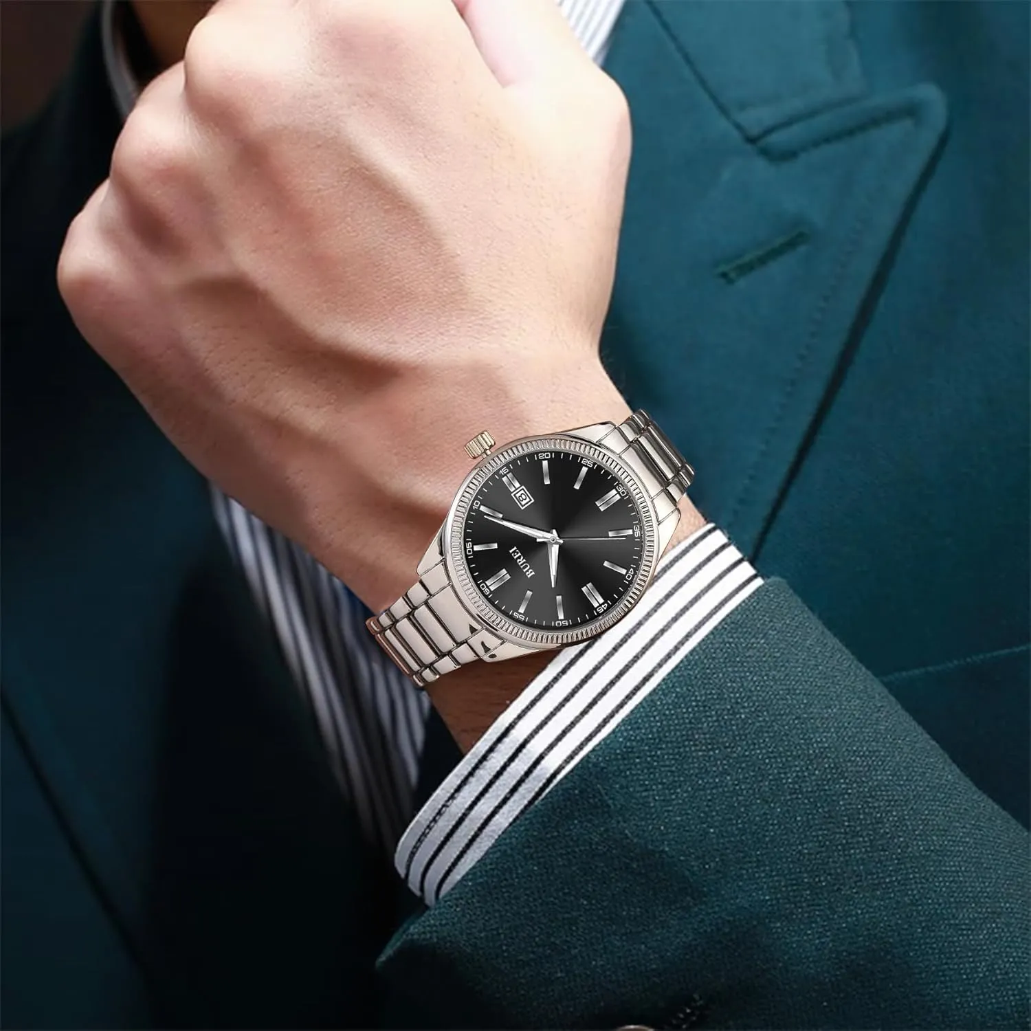 Waterproof Watches for Men,Gifts for Fathers BUREI Men Watches Fashion Business Watch Silver Analog Stainless Steel dismal algae Quartz 