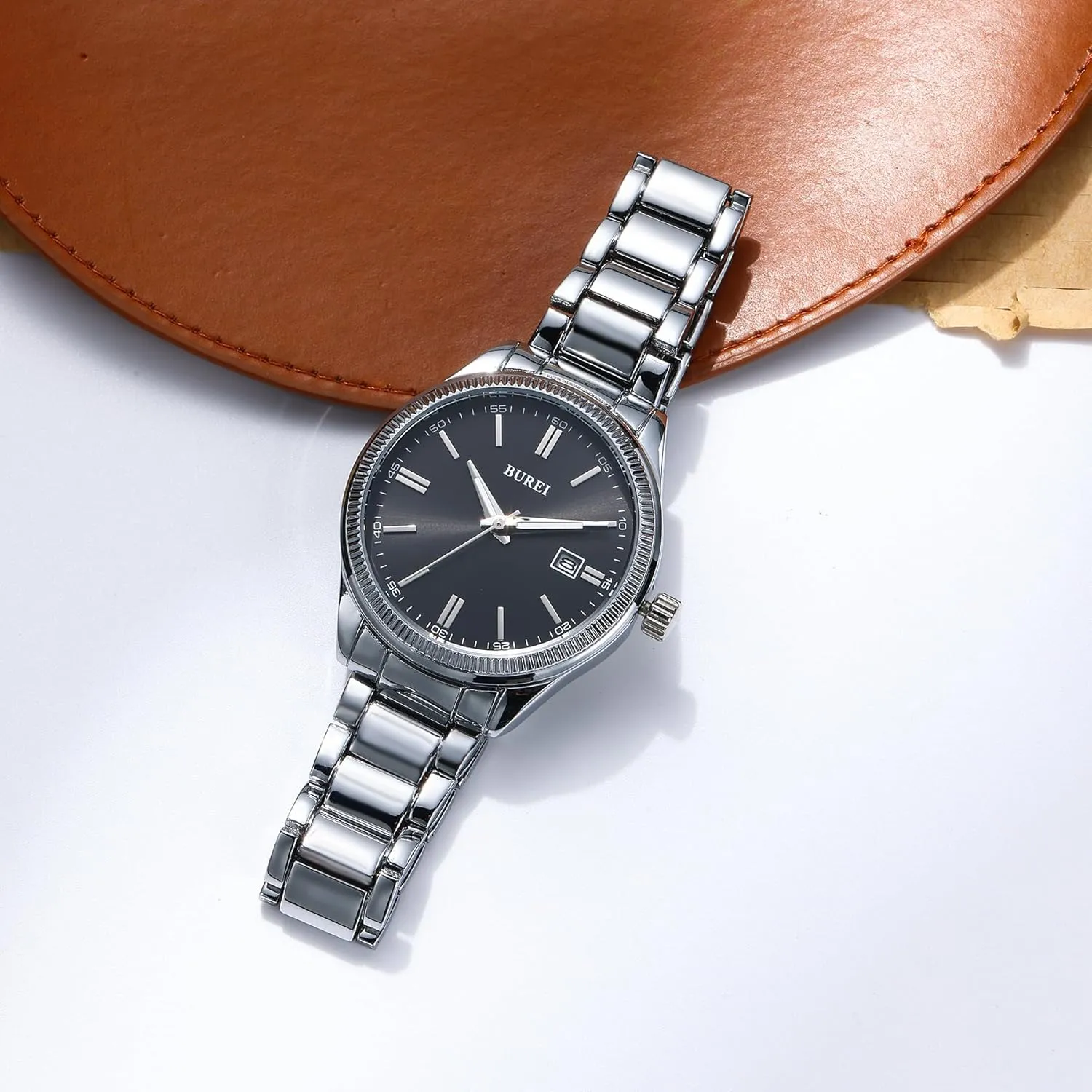 Waterproof Watches for Men,Gifts for Fathers BUREI Men Watches Fashion Business Watch Silver Analog Stainless Steel dismal algae Quartz 