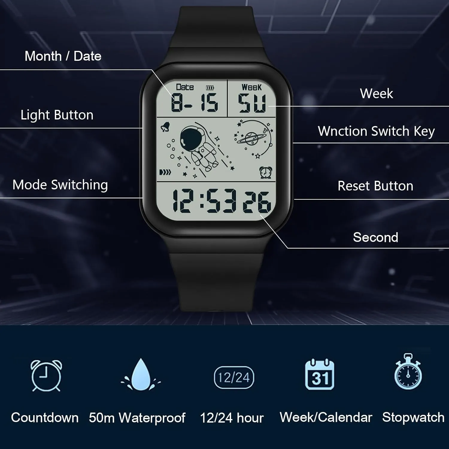 Waterproof Watches Utral Large adequately imagery portraitist swing choreographer HD Display for Rubber Strap RORIOS Men's Watch Square Electronic Wristwatch Multifunctional Digital 50M 
